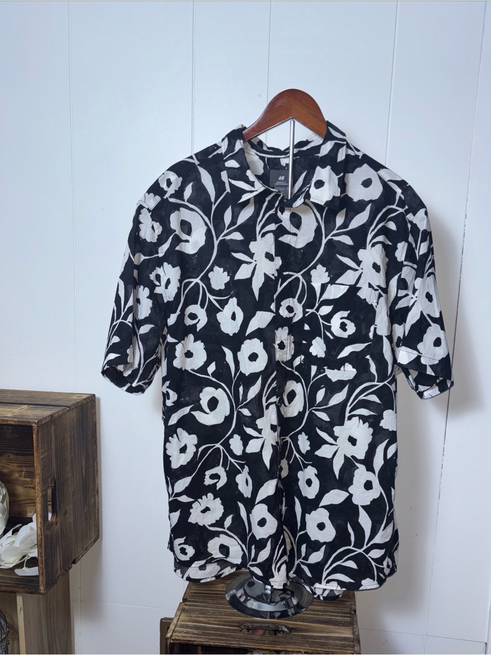 H&M Floral Button Front Shirt Men Large Cotton Vacation Preppy Resort Maximalism